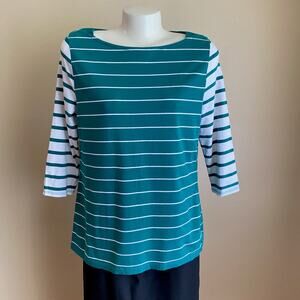 Merona XL Dark Teal White Stripe Marine Naval Sailor Beach Boat Neck 3/4 Sleeve